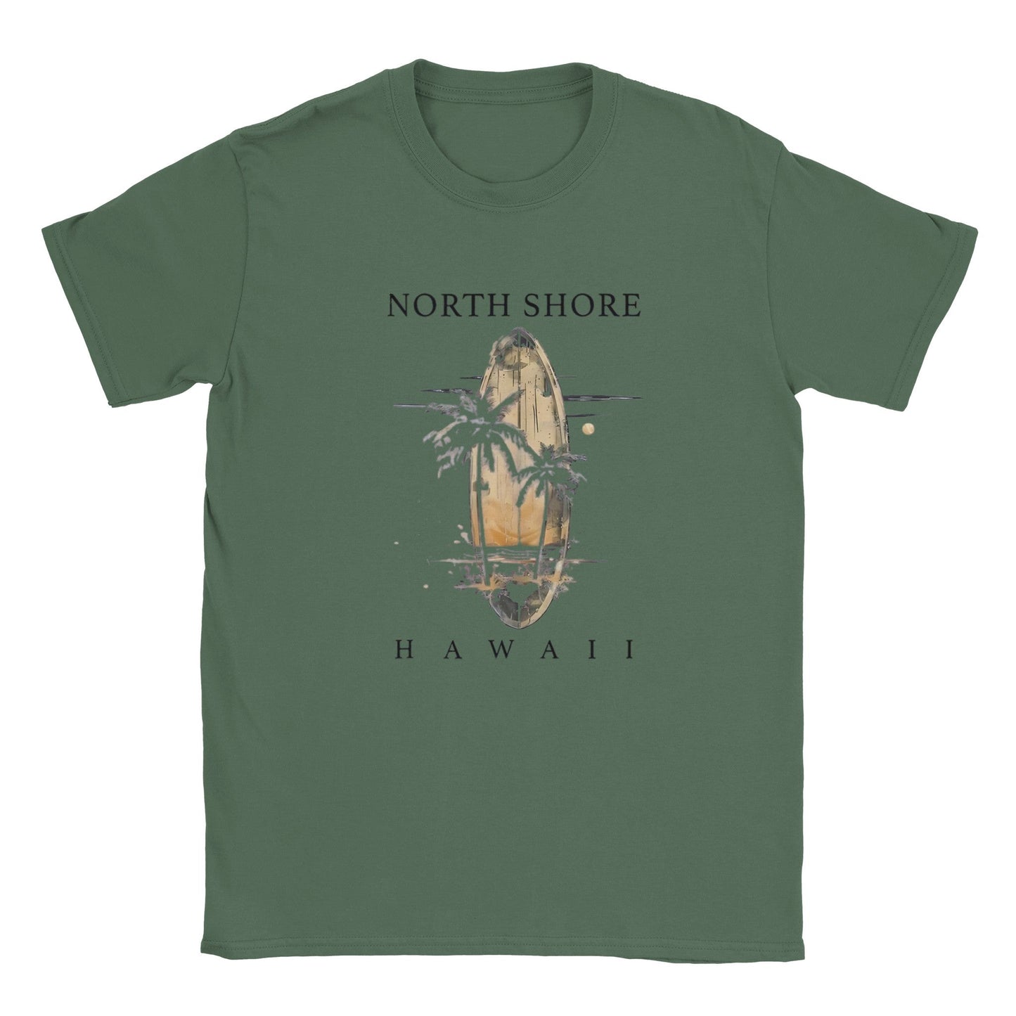 hawaii sommer beach unisex t-shirt mit surfbrett- und palmen-design, aus hochwertiger baumwolle, perfekt für den strandurlaub.