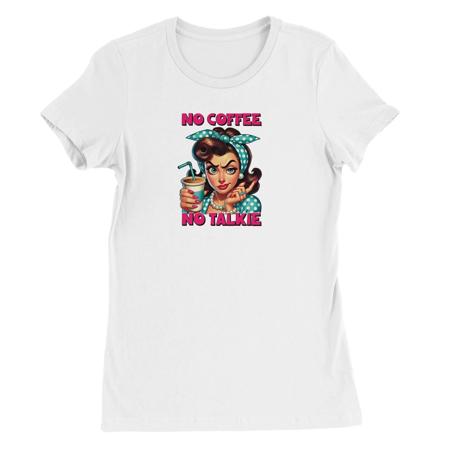 weißes premium damen crewneck t-shirt mit lustigem "no coffee no talkie" vintage-design und bequemen schnitt