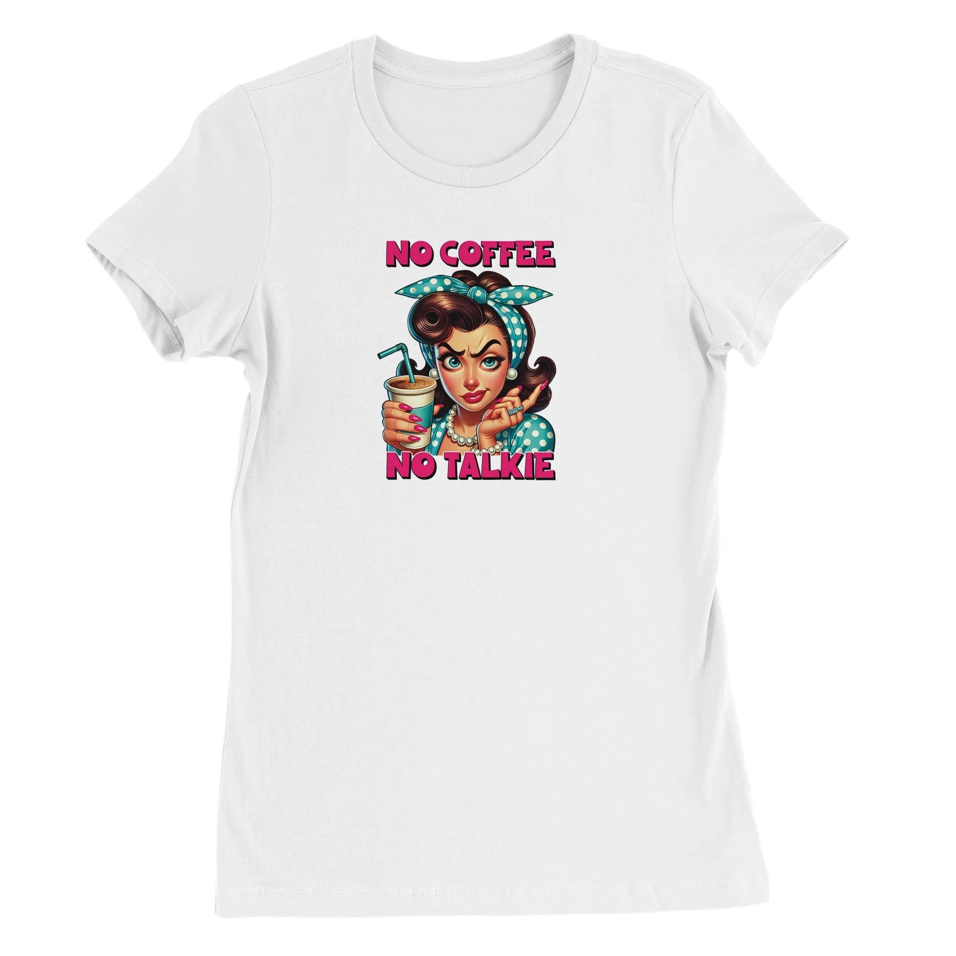 Weißes Premium Damen Crewneck T-Shirt mit lustigem "No Coffee No Talkie" Vintage-Design und bequemen Schnitt