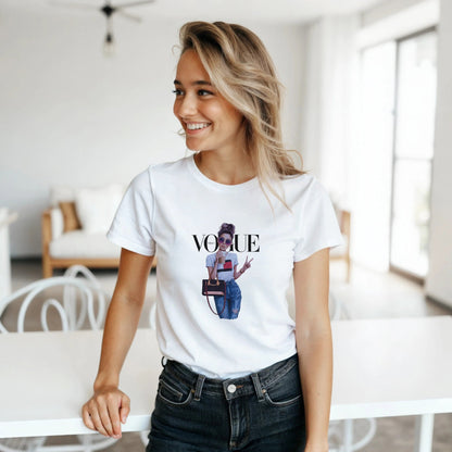 Vogue Style Damen T-Shirt aus 100% Baumwolle mit modischem Print und figurbetonter Passform, umweltfreundlich und komfortabel