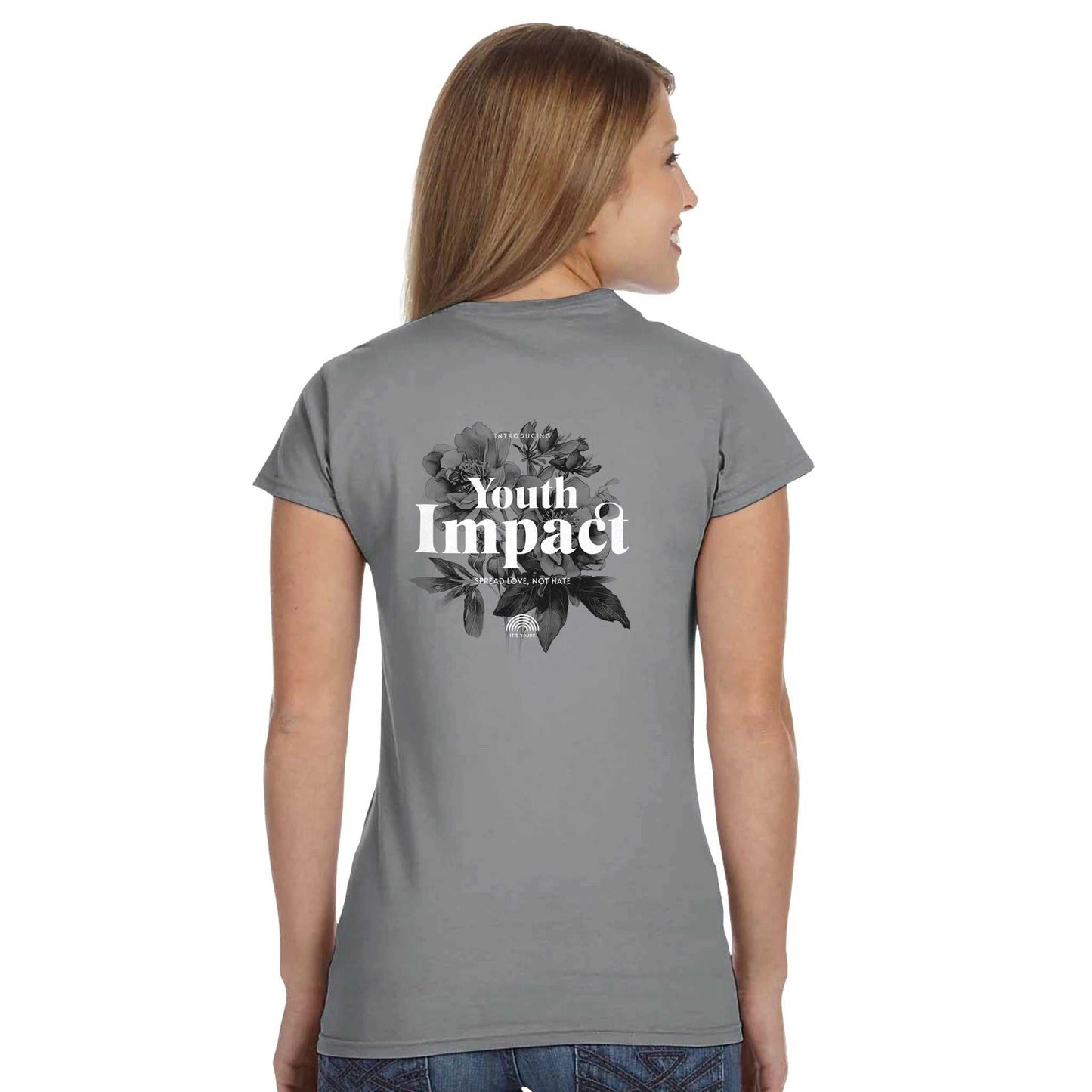 gildan® 64000l damen t-shirt in grau mit "youth impact" und blumenmotiv auf der rückseite, bequem und nachhaltig