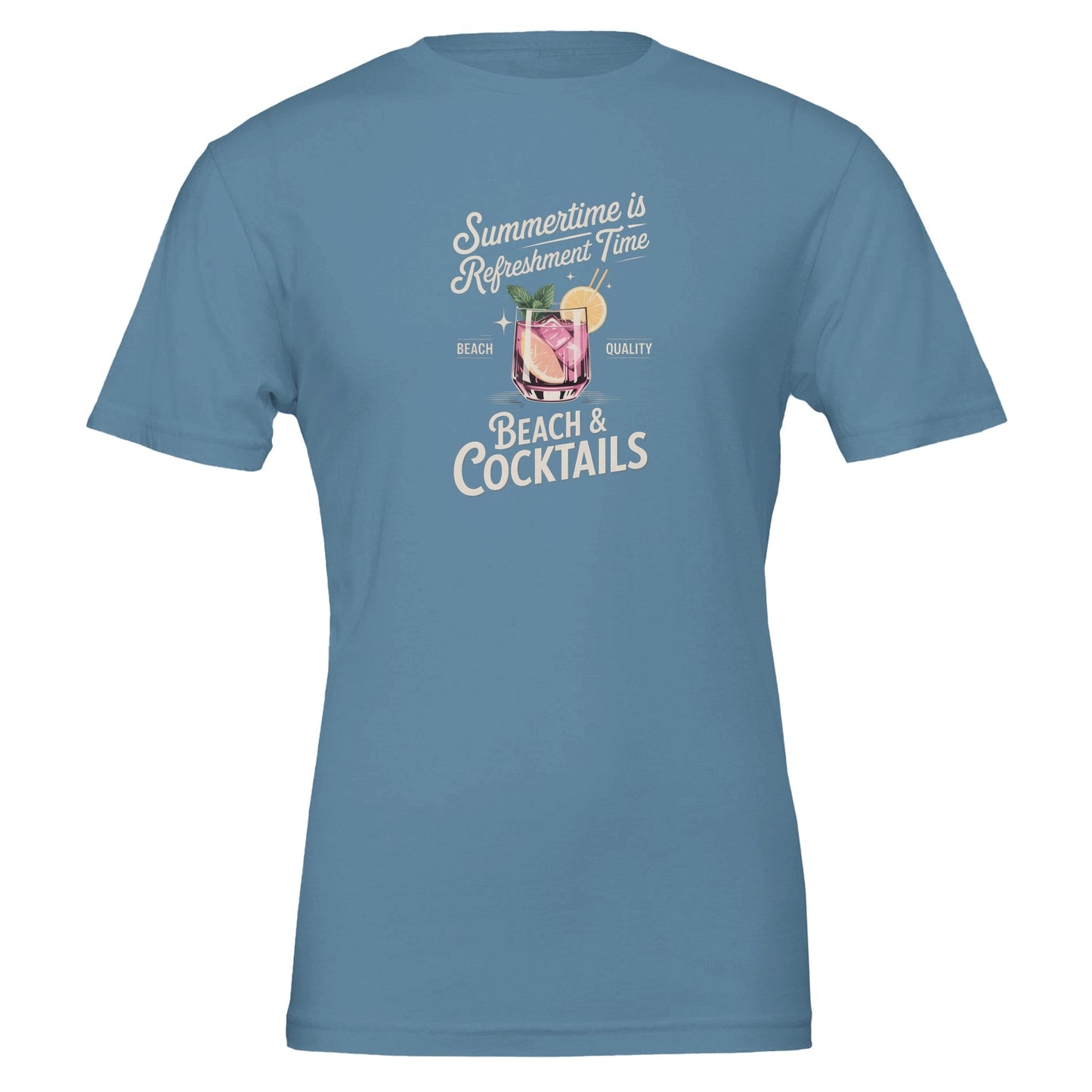 premium sommer cocktail t-shirt in blau mit sommerlichem cocktail-design, weiches, umweltfreundliches unisex-baumwollshirt für komfort und stil.