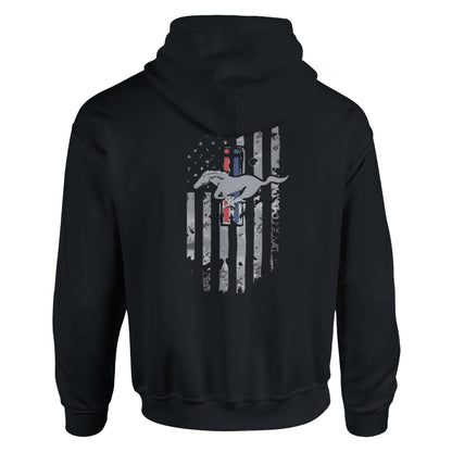 Black unisex stylish hoodie with a vintage Mustang and American flag design on the back for car lovers