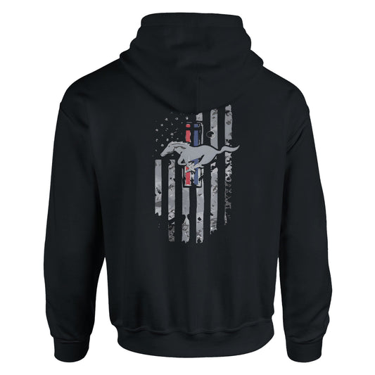 Black unisex stylish hoodie with a vintage Mustang and American flag design on the back for car lovers