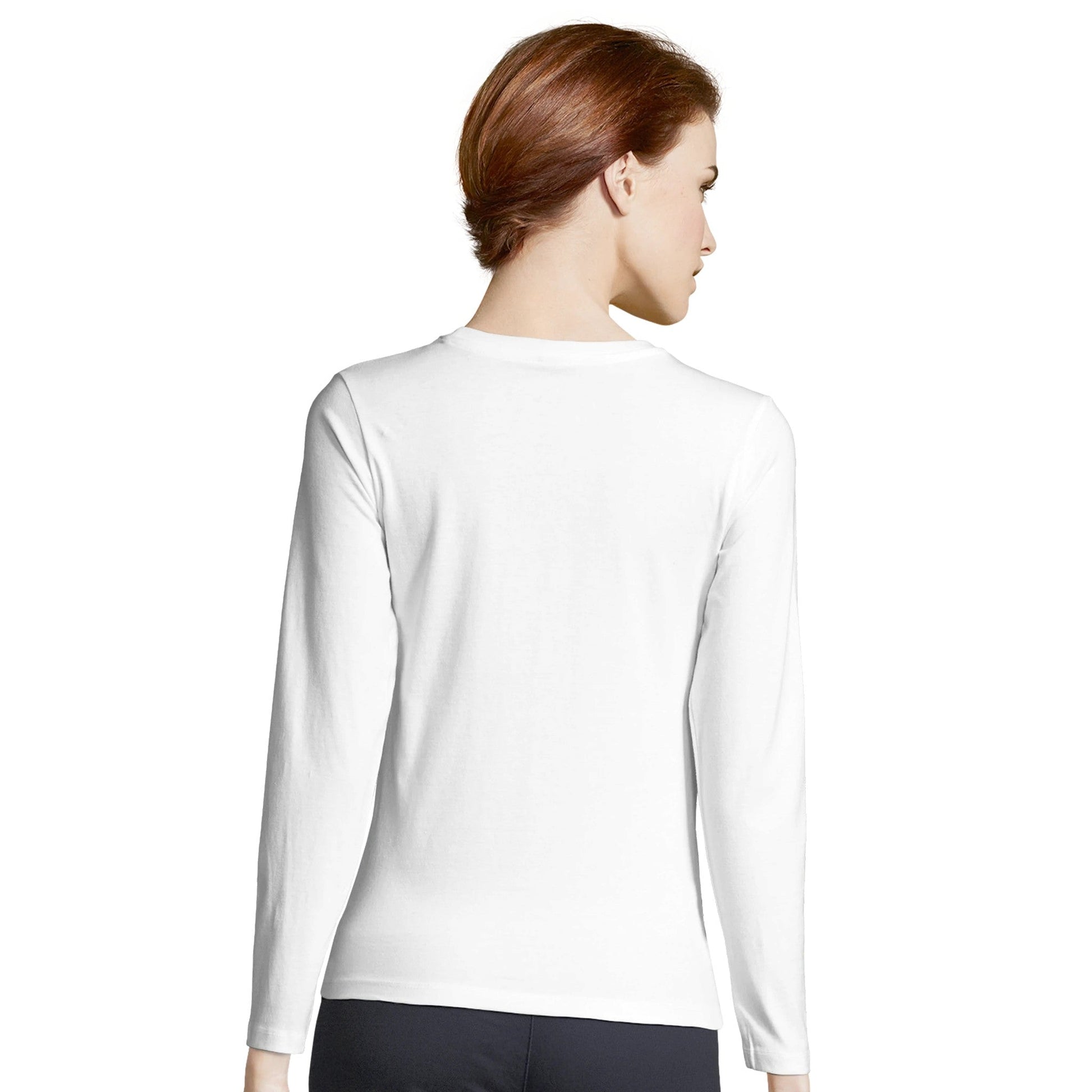Damen Long Sleeve Fitted T-Shirt in Weiß mit schmalem Schnitt und Rundhalsausschnitt, Rückansicht
