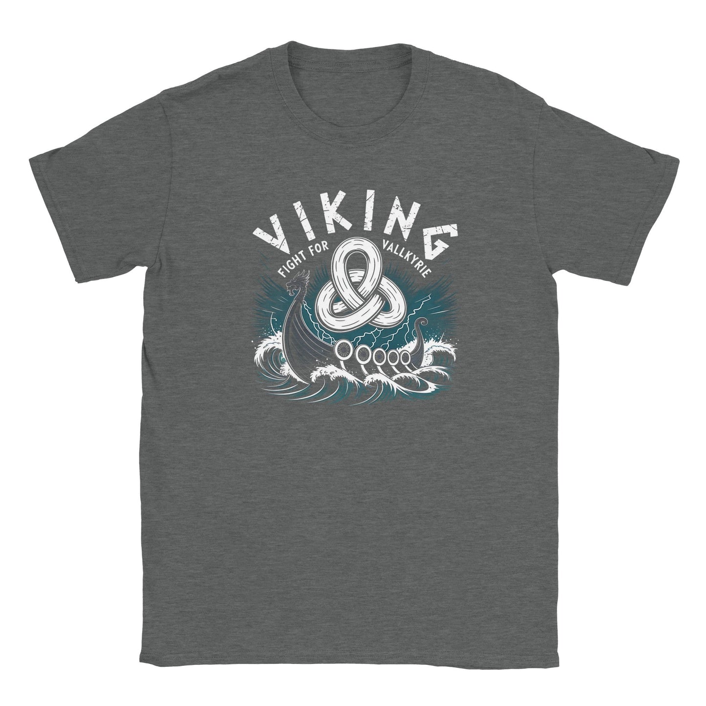 graues wikinger t-shirt mit historischem schiff und runen-design, weiche haptik und schlauchförmige passform für hohen tragekomfort.