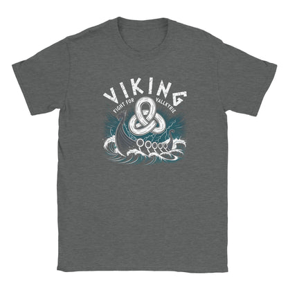 Graues Wikinger T-Shirt mit historischem Schiff und Runen-Design, weiche Haptik und schlauchförmige Passform für hohen Tragekomfort.