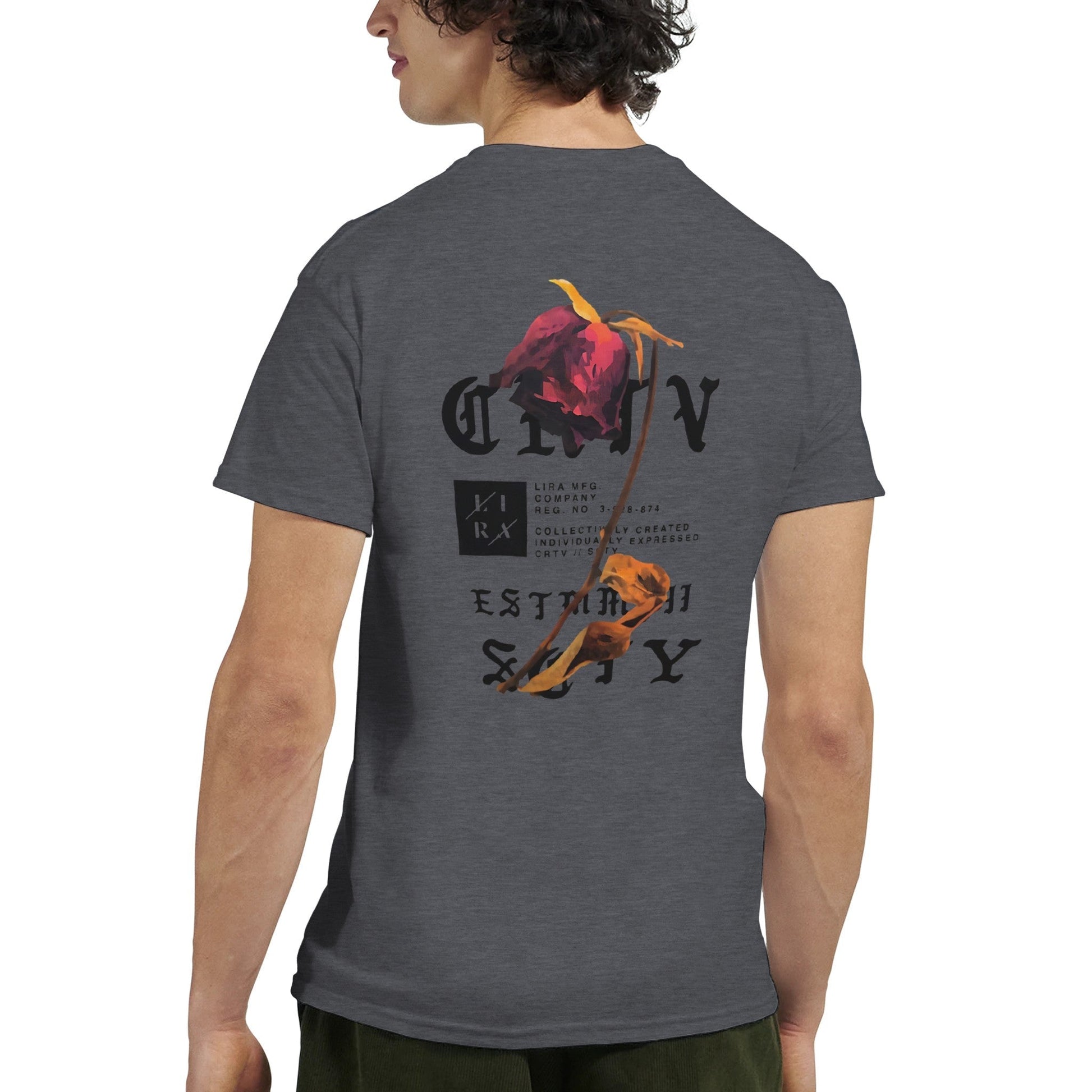 Lira Streetart Unisex T-Shirt charcoal gray with rose graphic on back, heavy cotton, durable casual fit