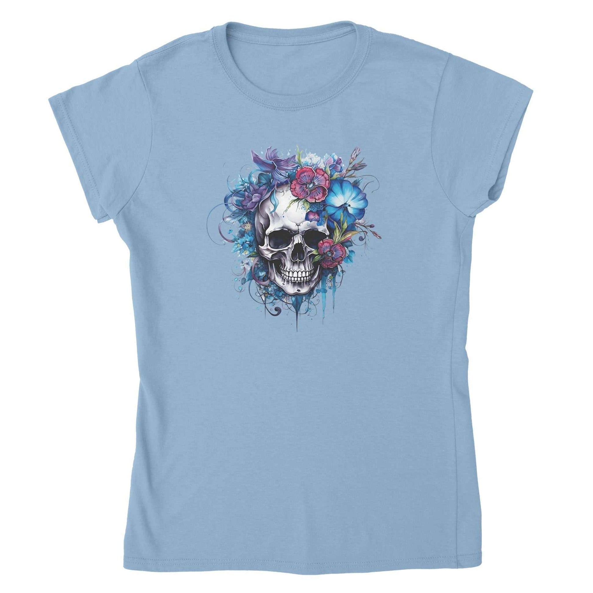 Skull Flower Women premium light blue t-shirt with floral skull design, soft cotton, tailored fit