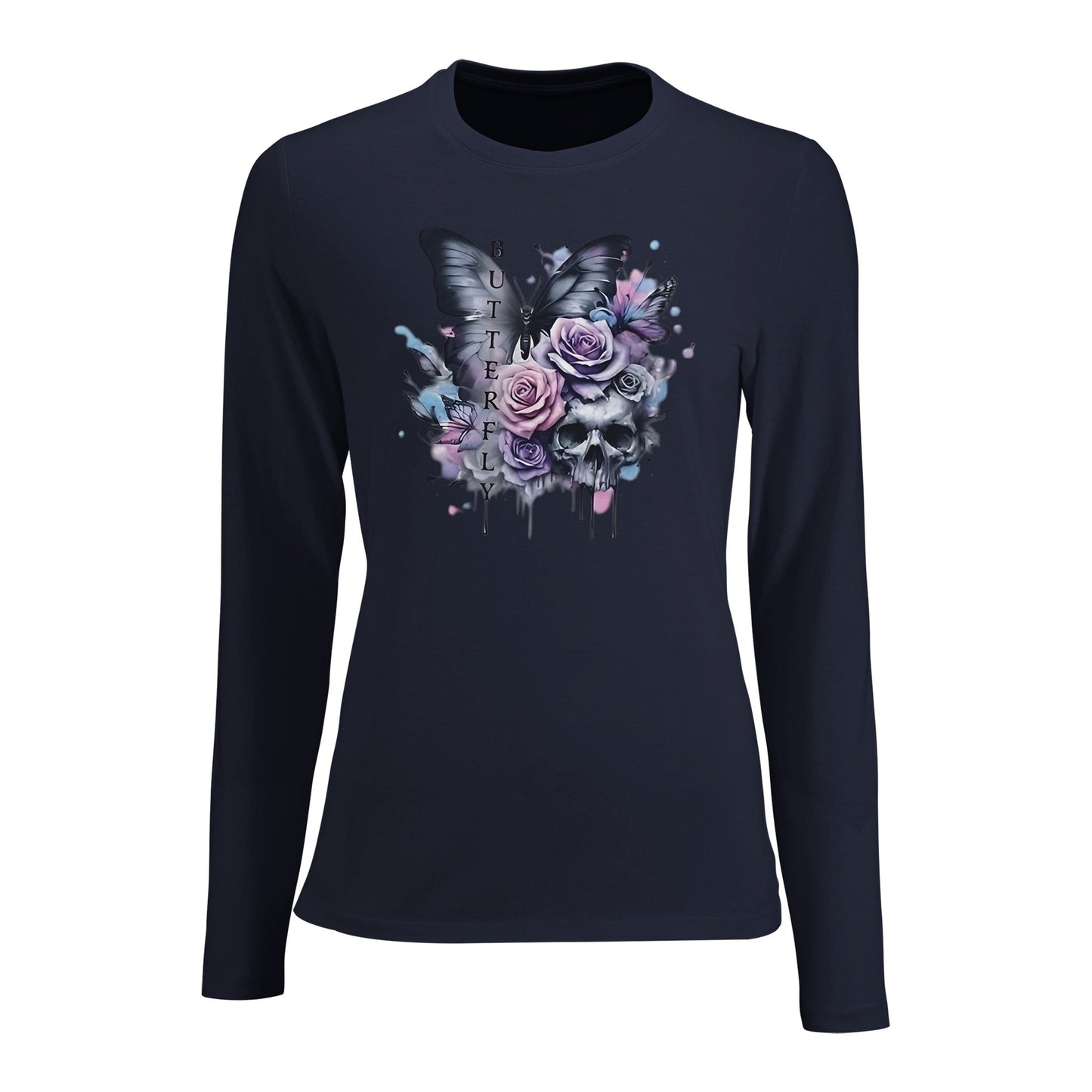 damen long sleeve fitted t-shirt in dunkel mit schmetterlings- und rosen-design, aus premium-material in taillierter passform.