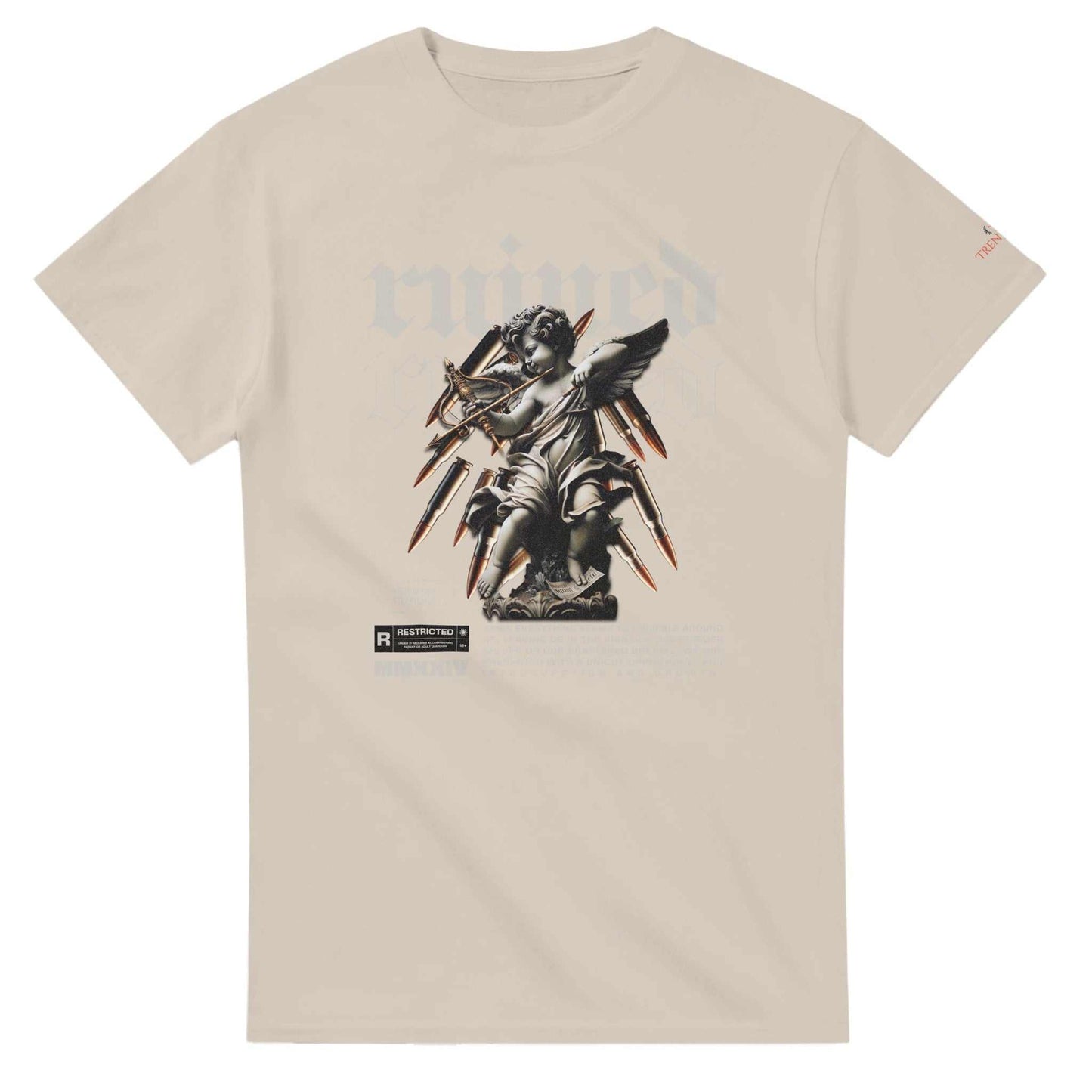 ruined streetwaer unisex crewneck t-shirt beige cotton with angel graphic and classic fit