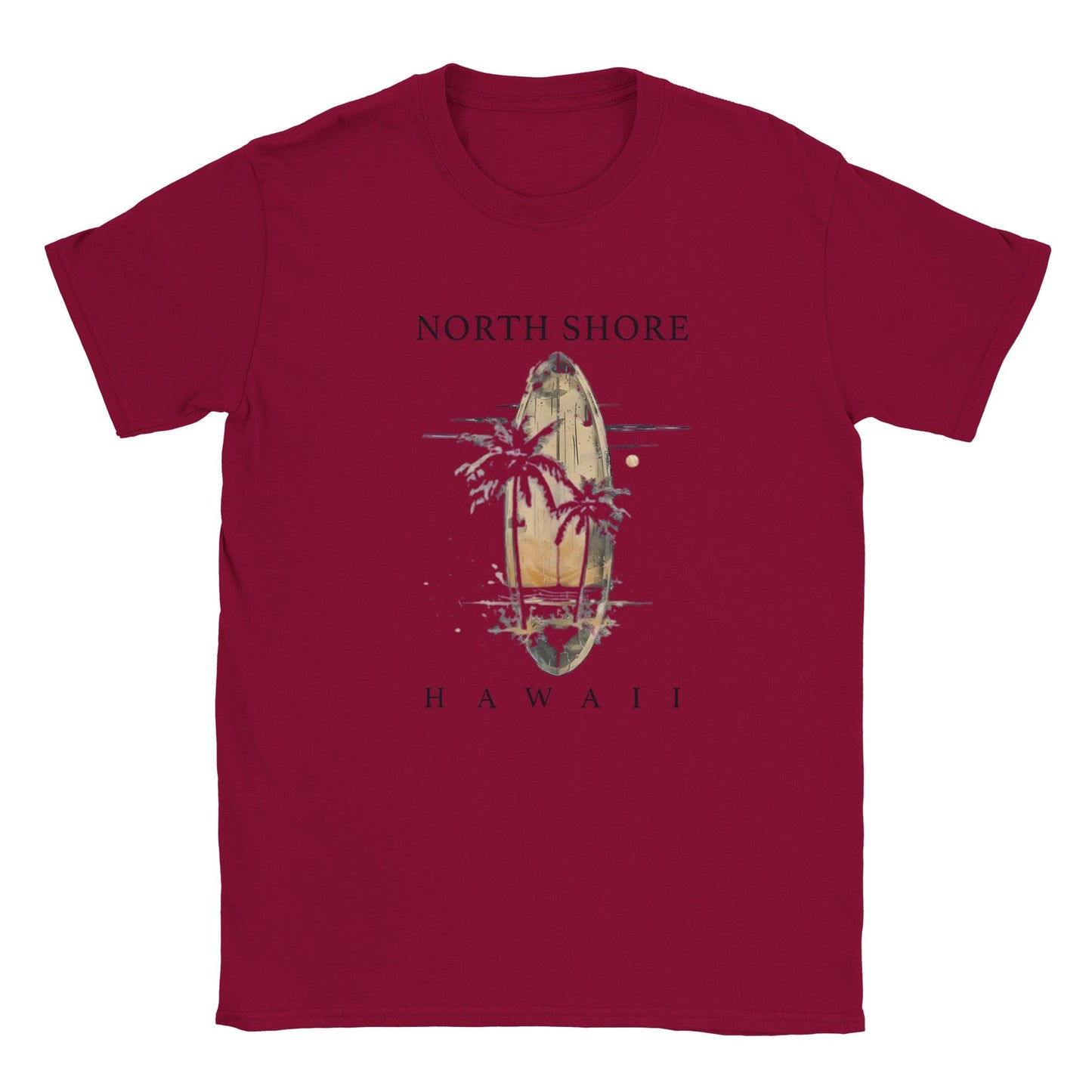 hawaii sommer beach unisex t-shirt mit surfbrett und palmenmotiv in bordeauxrot