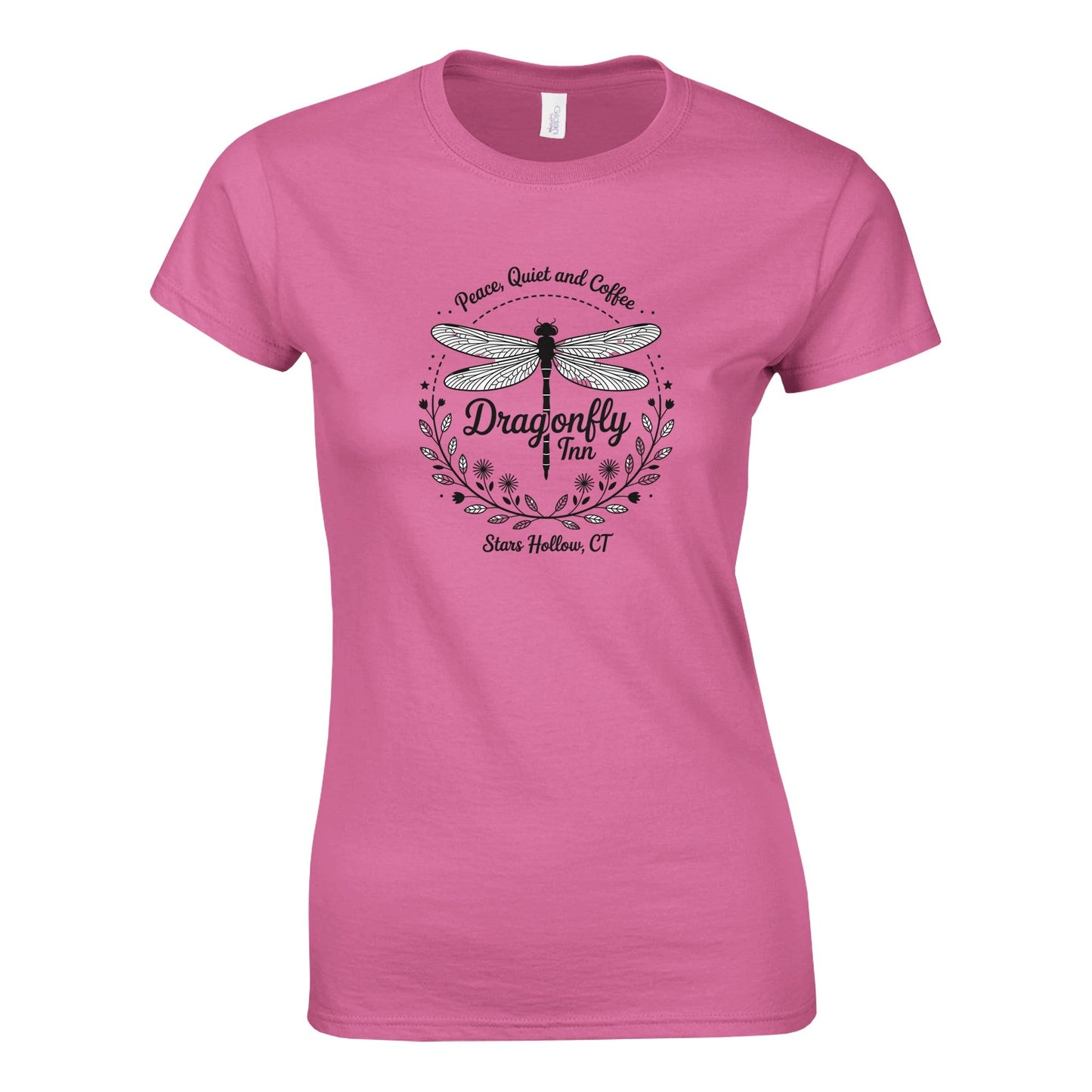 damen gilmore girls t-shirt mit dragonfly inn motiv, 100% baumwolle, halbtailiert und komfortabel, pink