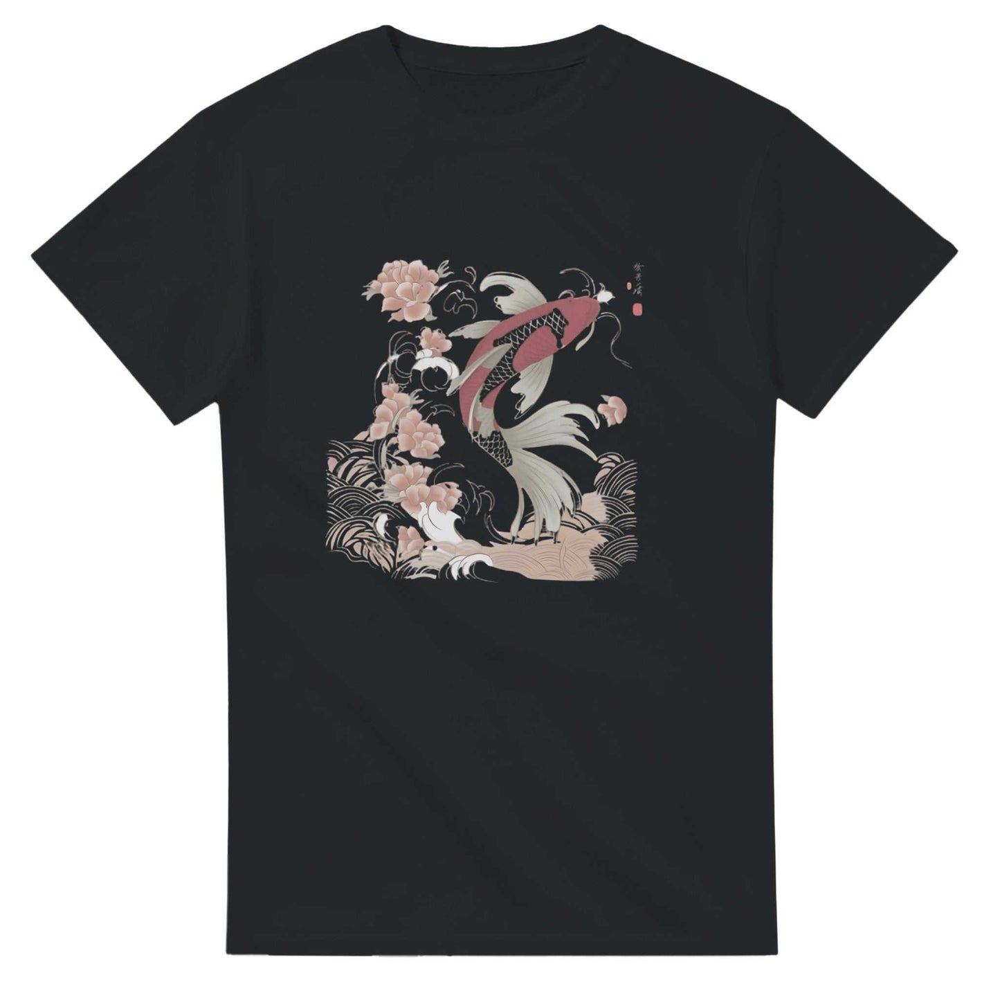 black unisex crewneck t-shirt with koi asian style koi fish and floral graphic design