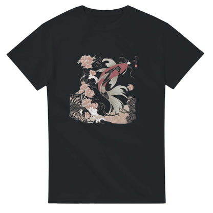 Black unisex crewneck t-shirt with Koi Asian Style koi fish and floral graphic design