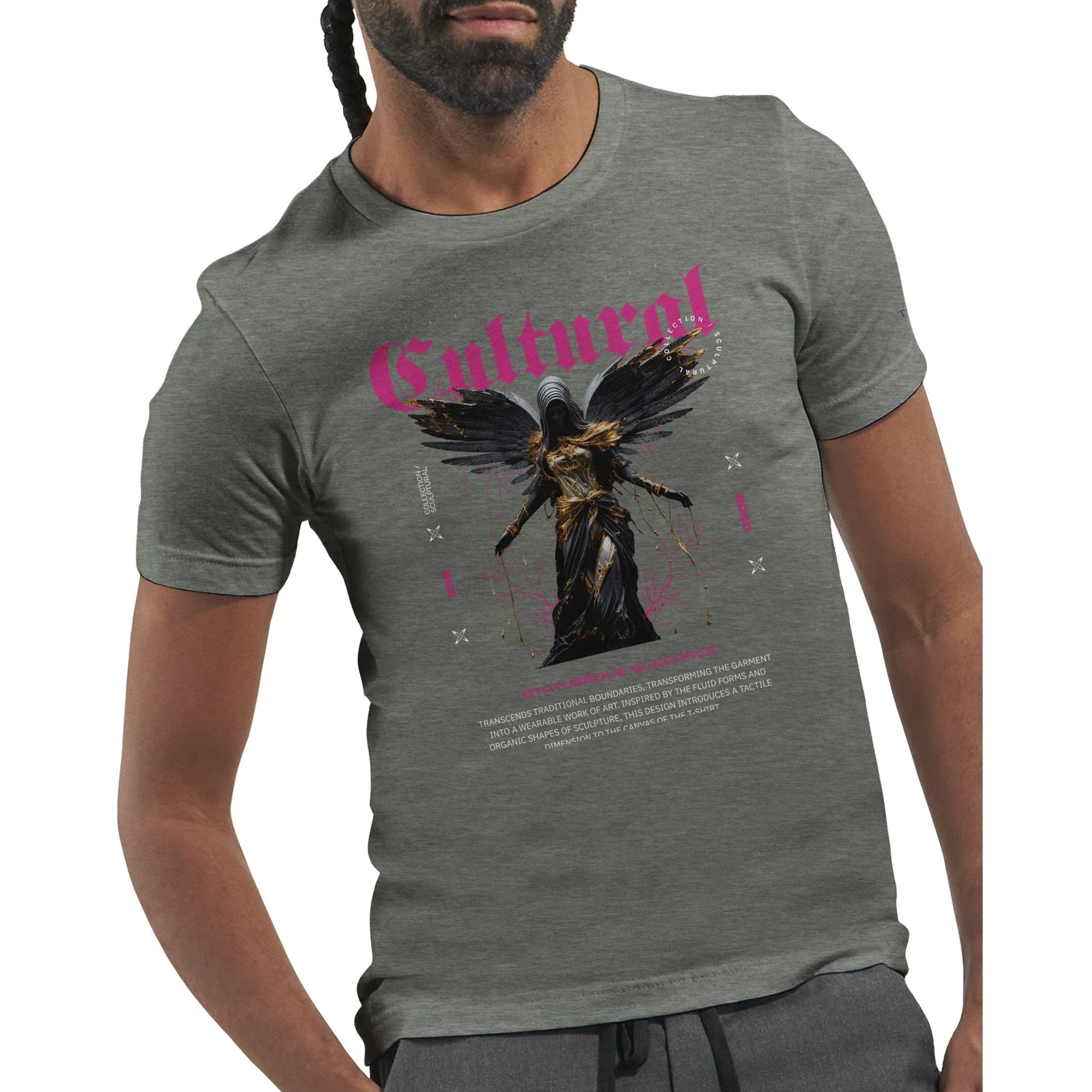 Premium unisex t-shirt in grey with vibrant cultural streetwear graphic, soft and durable cotton fabric, designed for high-quality DTG printing.