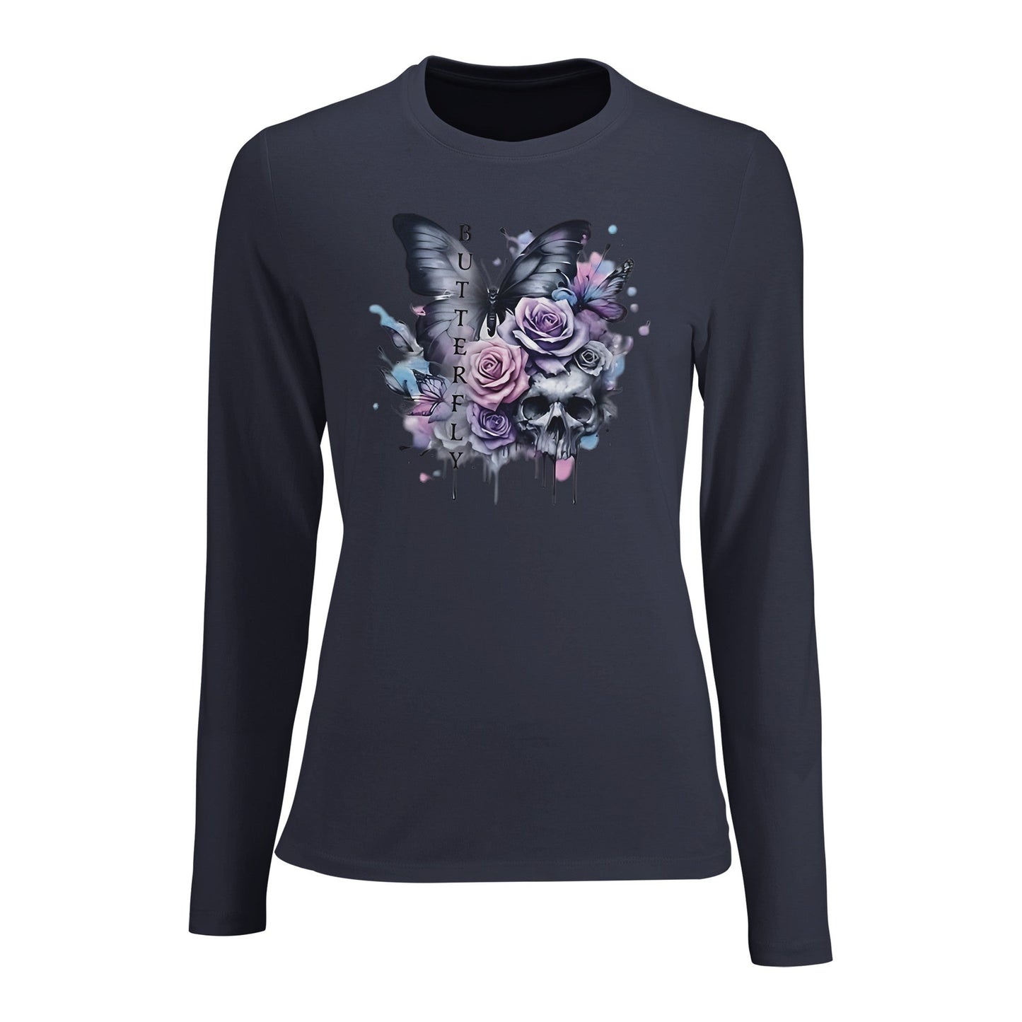 damen long sleeve fitted t-shirt mit schmetterlings- und blumenmotiv in dunkler farbe, eng anliegend und aus premium-material