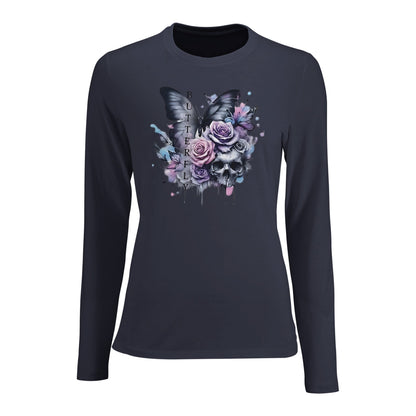 Damen Long Sleeve Fitted T-Shirt mit Schmetterlings- und Blumenmotiv in dunkler Farbe, eng anliegend und aus Premium-Material
