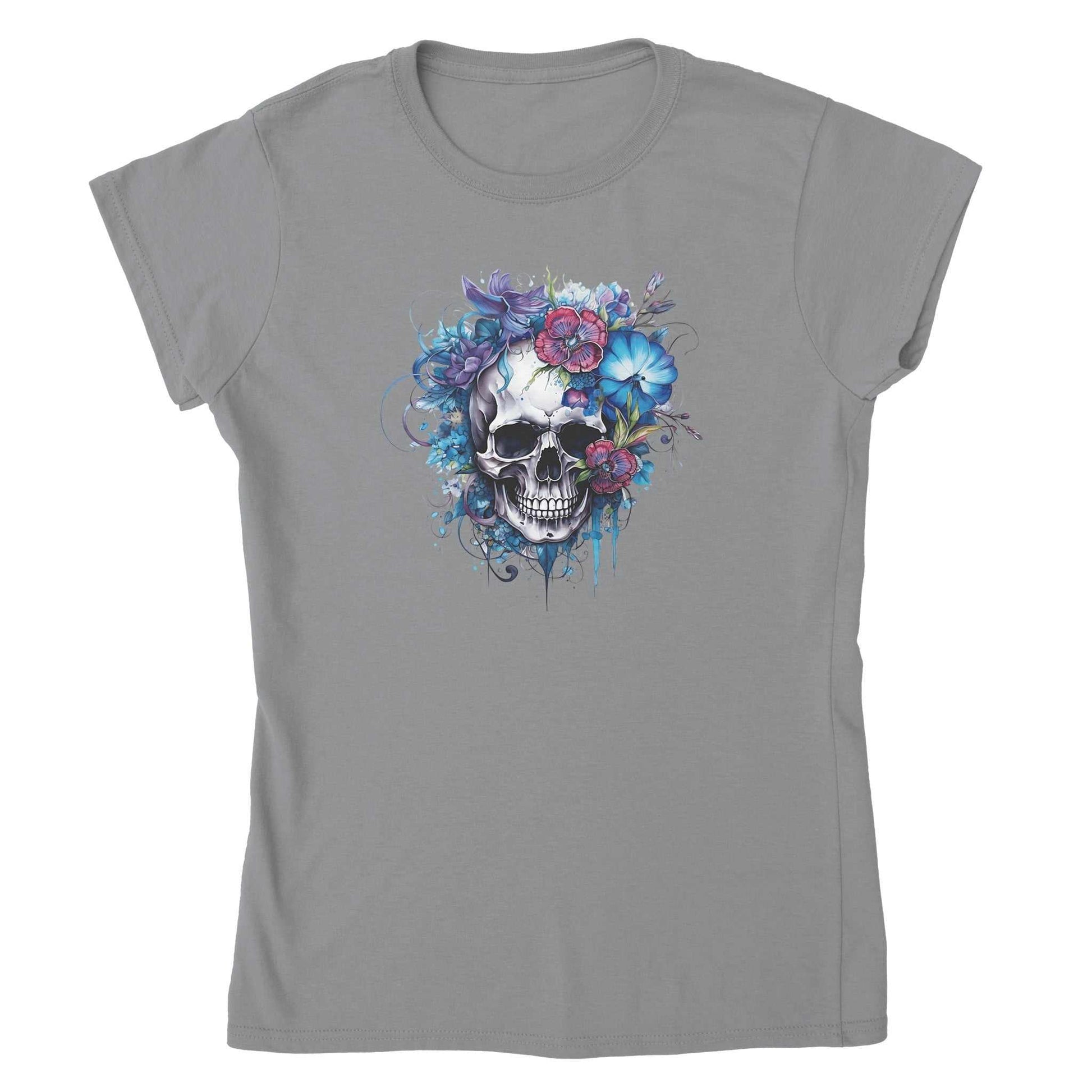 Gray women's premium t-shirt with skull and colorful flower design, soft cotton, fitted style, durable neck and shoulders, eco-friendly production