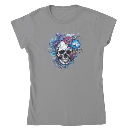 Damen-T-Shirt in Grau mit farbigem Schädel- und Blumenmotiv, halbtailliert aus 100% Baumwolle, komfortabel und stylisch.