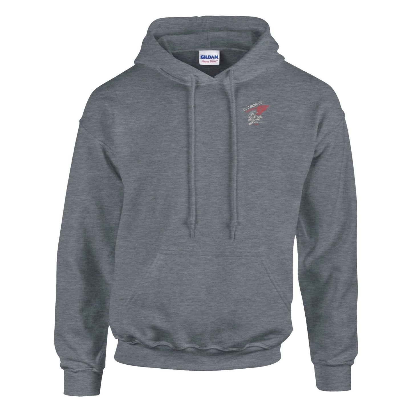men's gray rocker biker hoodie with double-lined hood, front pocket, and rib-knit cuffs and waistband, made from soft cotton-polyester blend