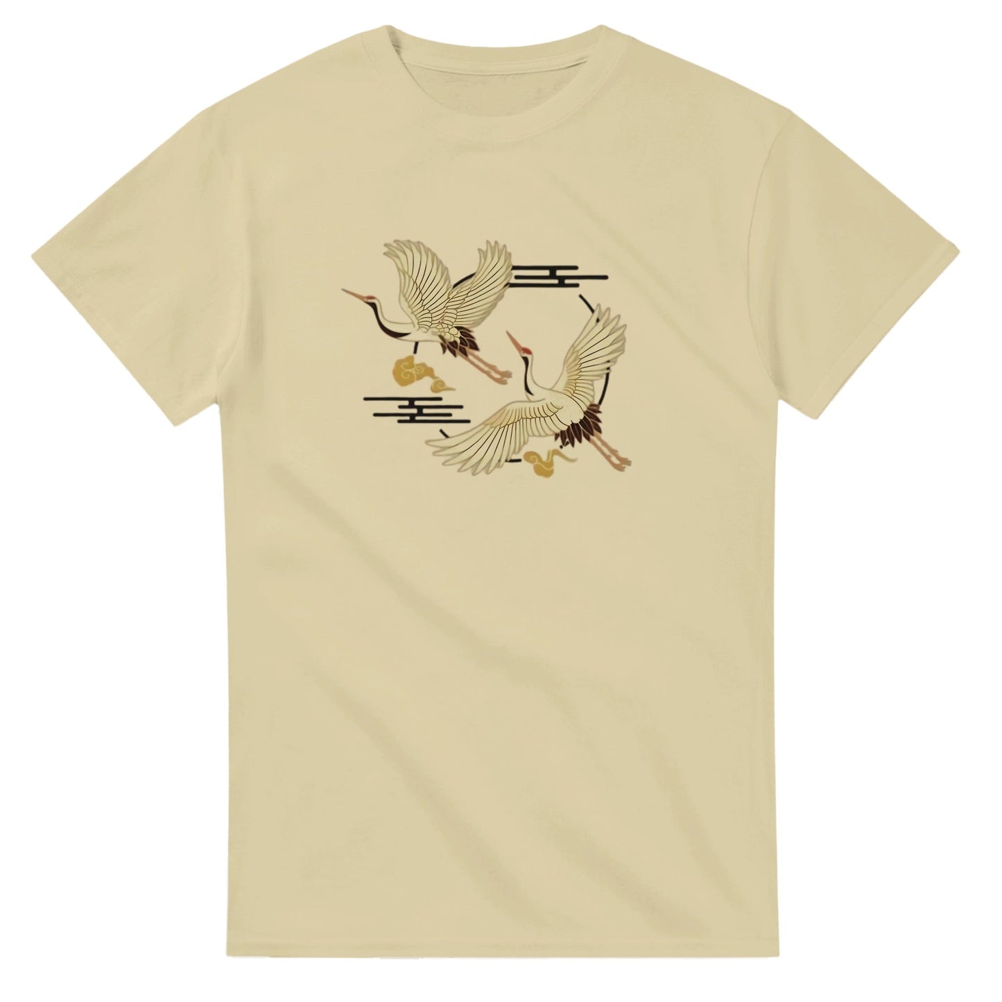 kranich unisex crewneck t-shirt aus 100% baumwolle mit kranich-motiv, klassischem schnitt und langlebiger doppelnaht in beige.