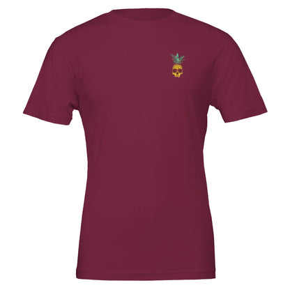 Spritziges Sommer T-Shirt in Bordeaux mit kleinem Totenkopf-Ananas Motiv, Unisex, aus 100% gekämmter Baumwolle, weich und langlebig.