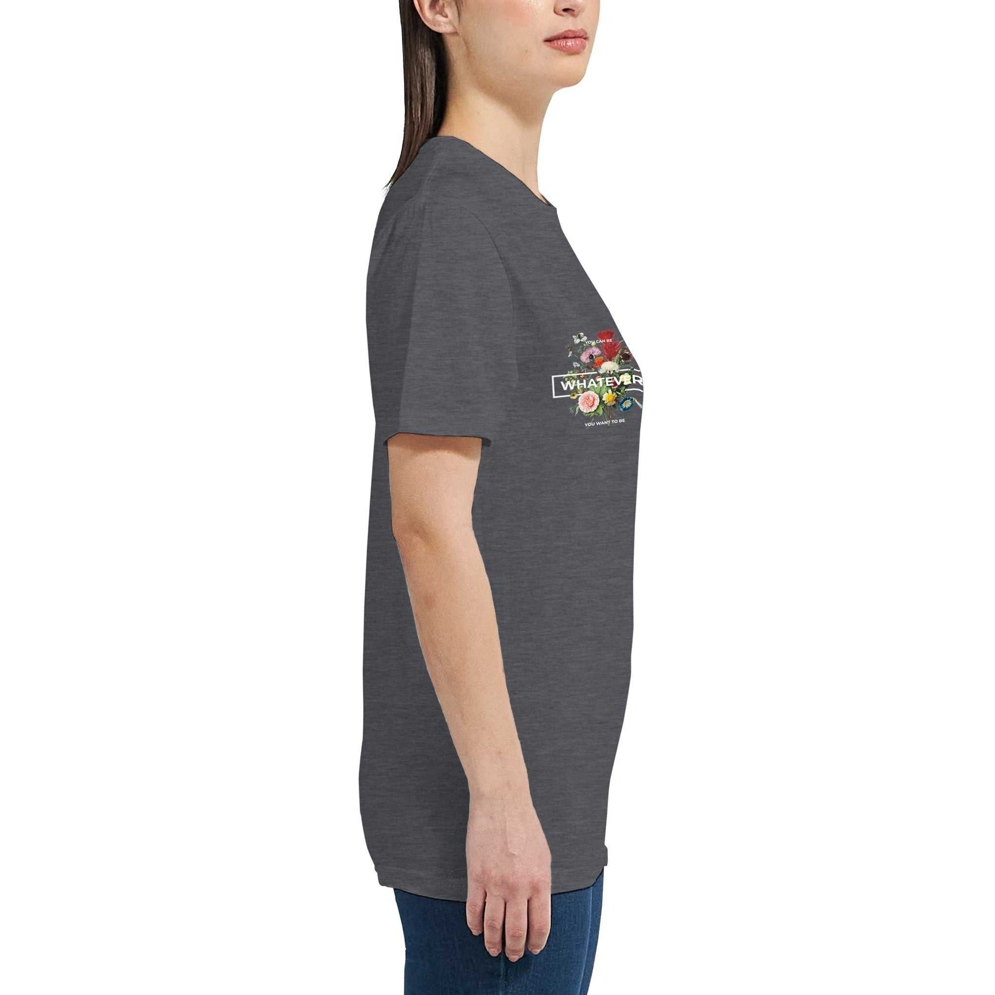 Whatever Womens Crewneck T-shirt in dark gray, semi-fitted cotton crewneck with graphic print on front, side view on model