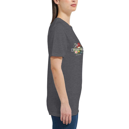 Whatever Womens Crewneck T-shirt in dark gray, semi-fitted cotton crewneck with graphic print on front, side view on model