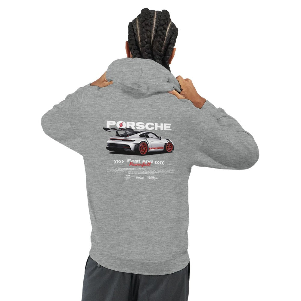 Grauer Porsche Hoodie aus schwerem Baumwoll-Polyester-Mix mit gedrucktem Sportwagen-Motiv auf der Rückseite.