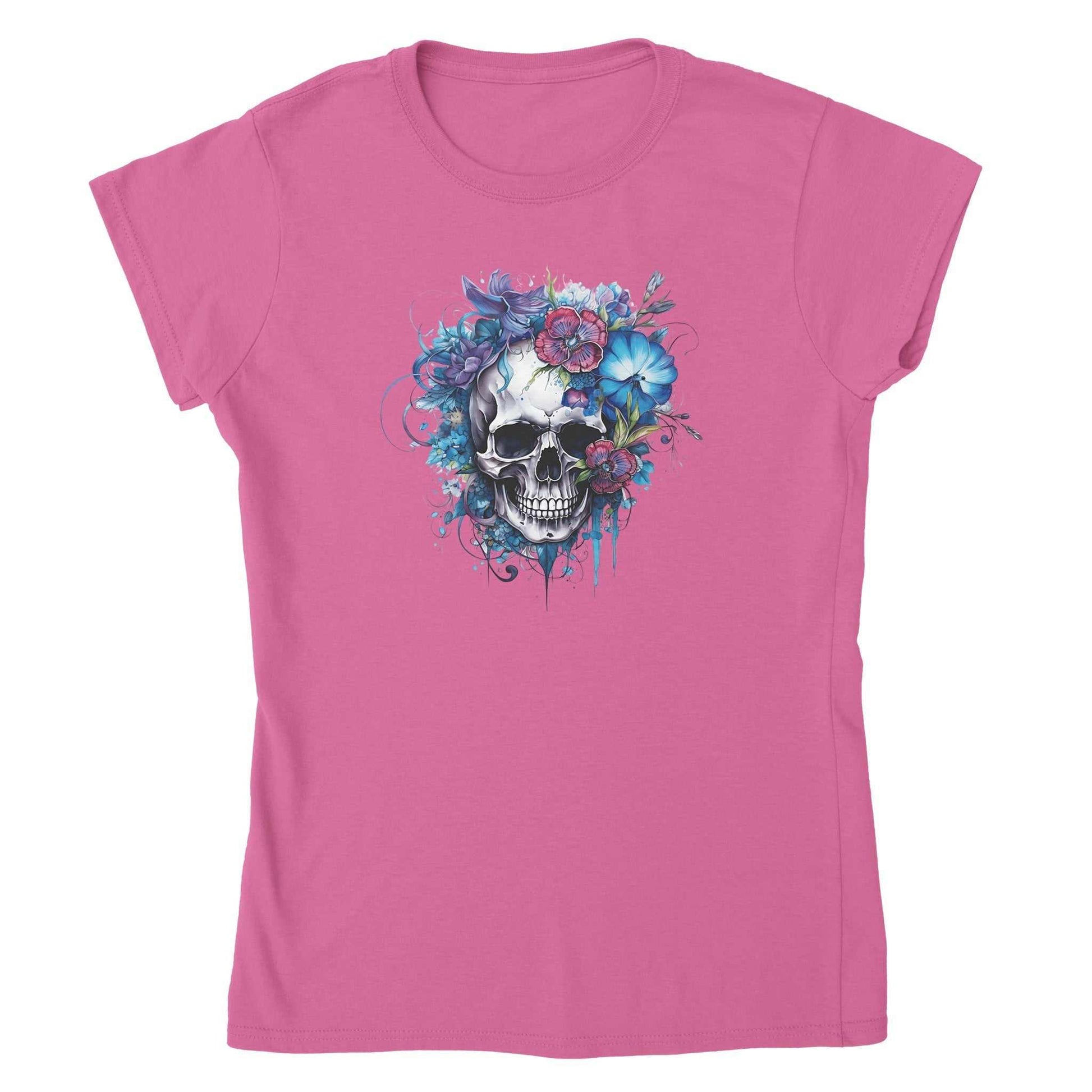 Pink women's premium t-shirt with a skull and blue flower design on the front, made from 100% ring-spun cotton.
