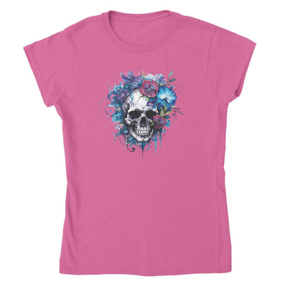 Damen T-Shirt in Pink mit Skull- und Blumenmotiv, aus 100 % Baumwolle, halbtailiert und bequem.