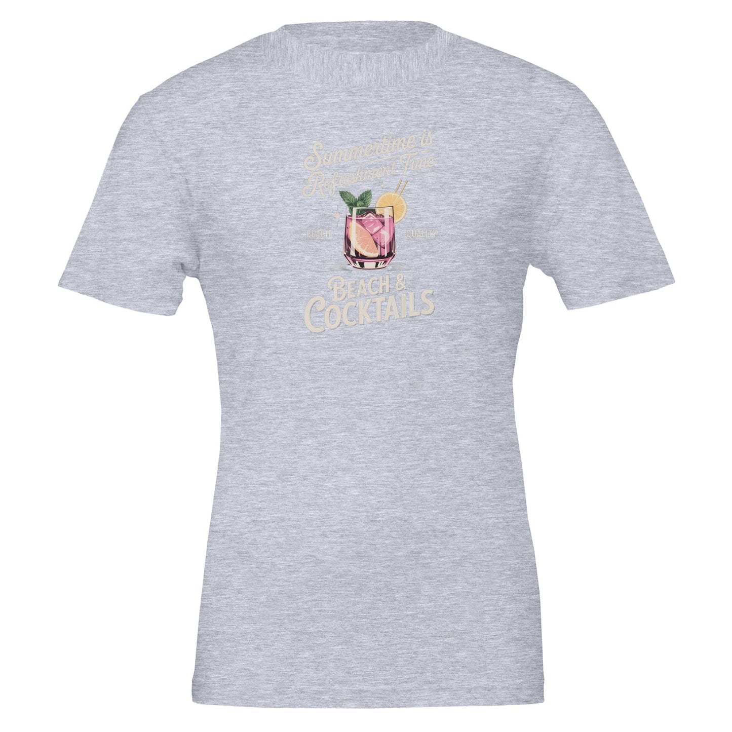 graues premium sommer cocktail t-shirt mit unisex passform und lebendigem cocktail-print aus weicher, nachhaltiger baumwolle.