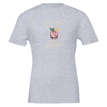 Graues Premium Sommer Cocktail T-Shirt mit unisex Passform und lebendigem Cocktail-Print aus weicher, nachhaltiger Baumwolle.