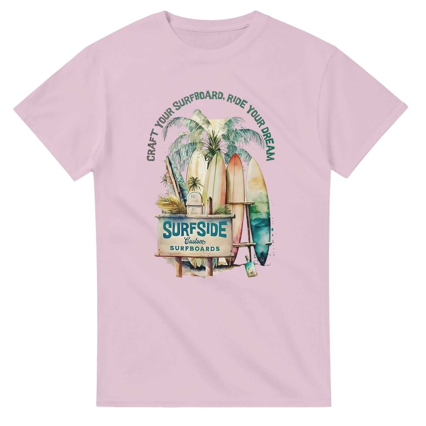light purple sommer surfside t-shirt with classic surfboard and palm tree design on front, heavyweight cotton, relaxed fit