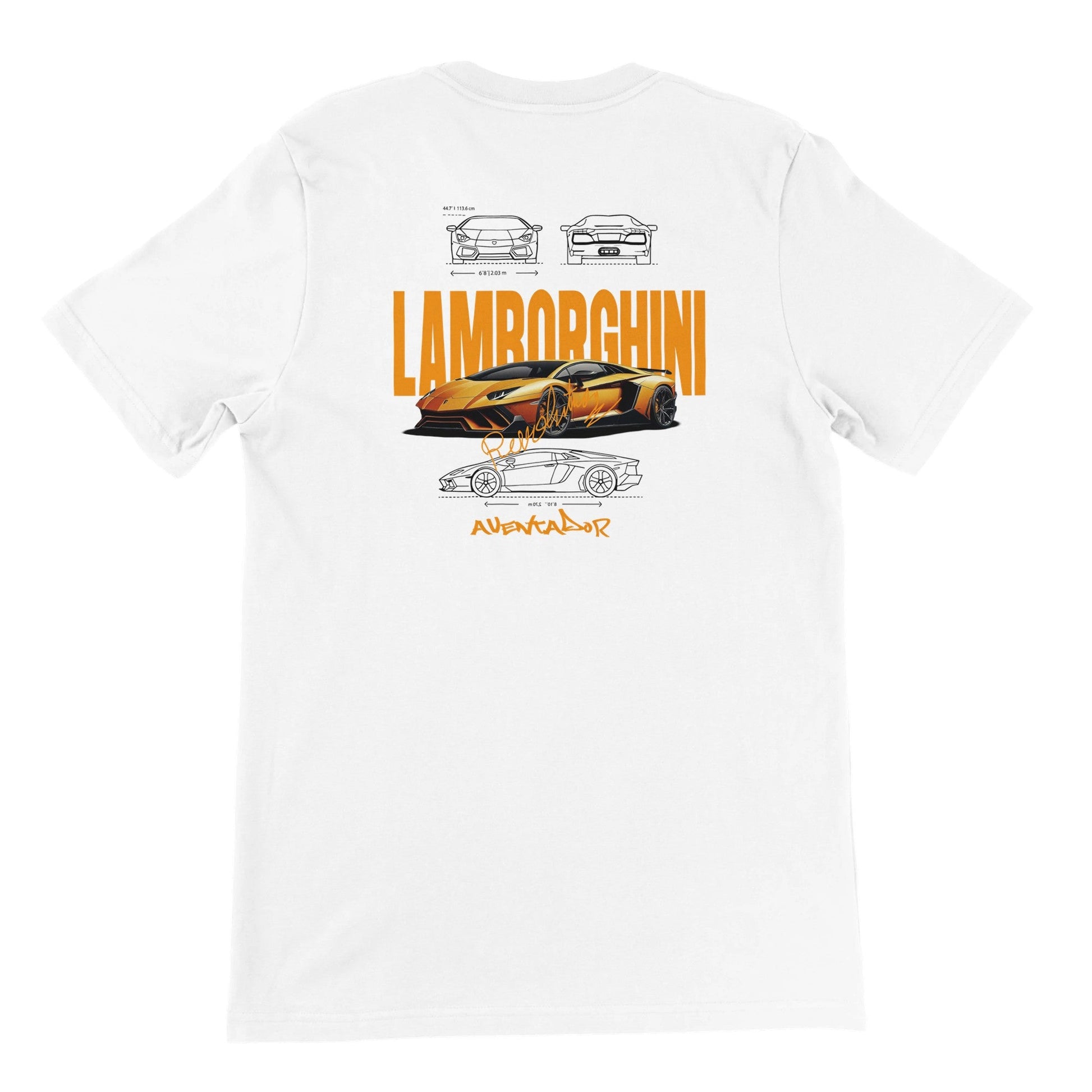 weißes Lamborghini Design T-Shirt mit orangefarbenem Aventador-Motiv und technischen Skizzen für Herren und Damen