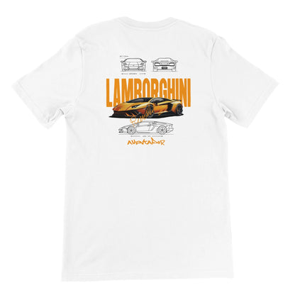 weißes Lamborghini Design T-Shirt mit orangefarbenem Aventador-Motiv und technischen Skizzen für Herren und Damen