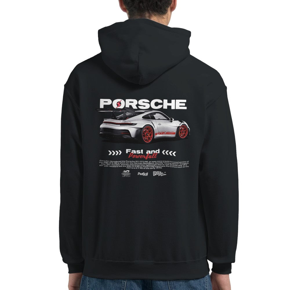 schwarzer porsche hoodie aus schwerem baumwollmischgewebe mit auto-motiv und kapuze