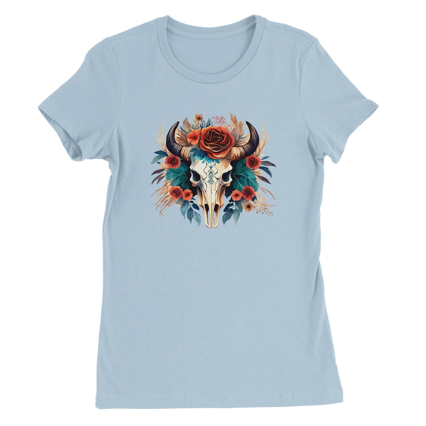 hellblaues premium texas flower t-shirt mit bedrucktem kuhschädel und floralen motiven, taillierte passform aus 100% baumwolle