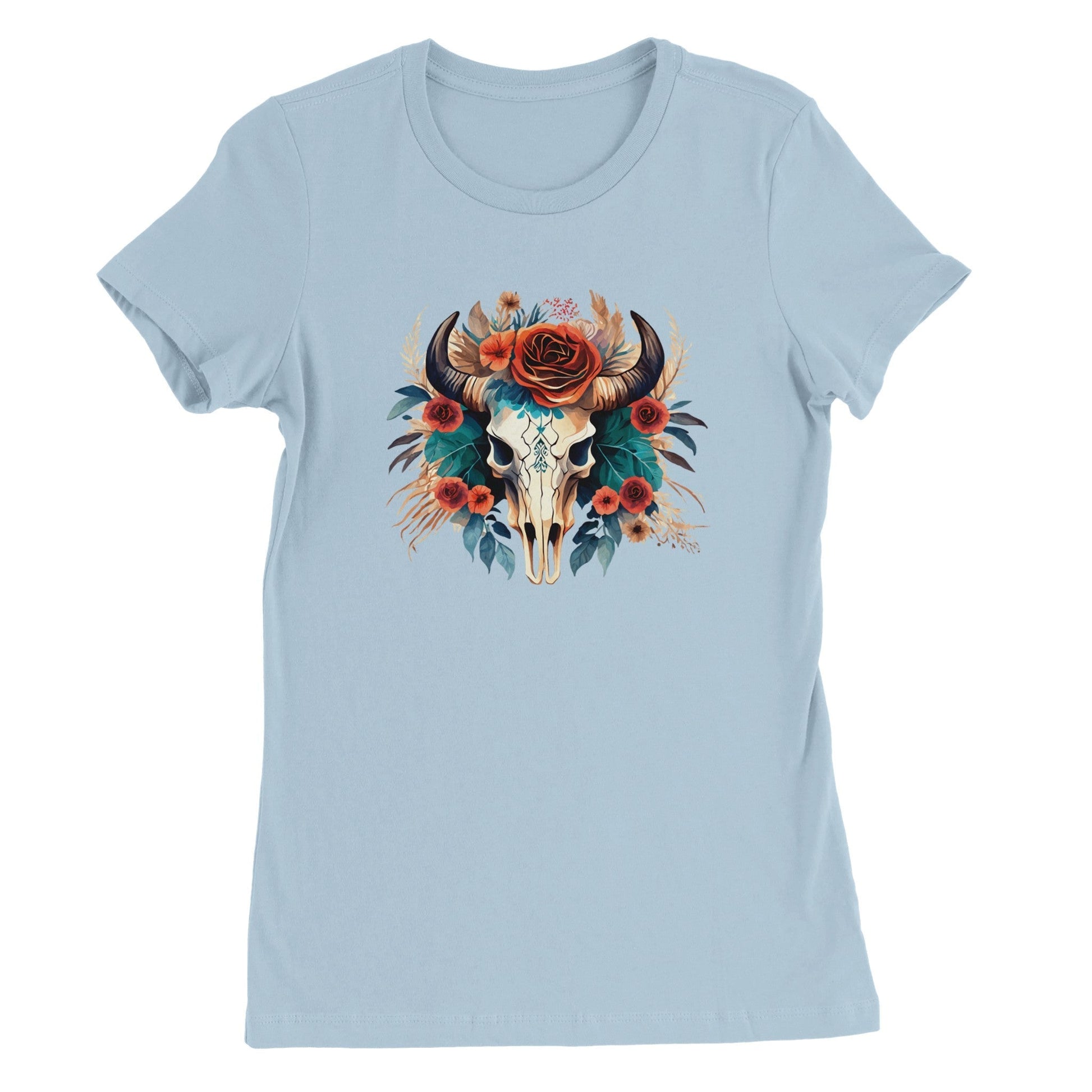 Light blue Premium Texas Flower T-Shirt with cow skull and floral design on front