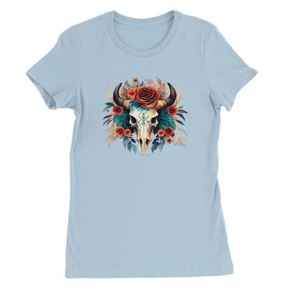 Hellblaues Premium Texas Flower T-Shirt mit bedrucktem Kuhschädel und floralen Motiven, taillierte Passform aus 100% Baumwolle