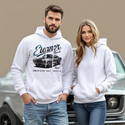 Couple wearing white Eleanor Hoodie muscle car enthusiast hoodies in casual outdoor setting