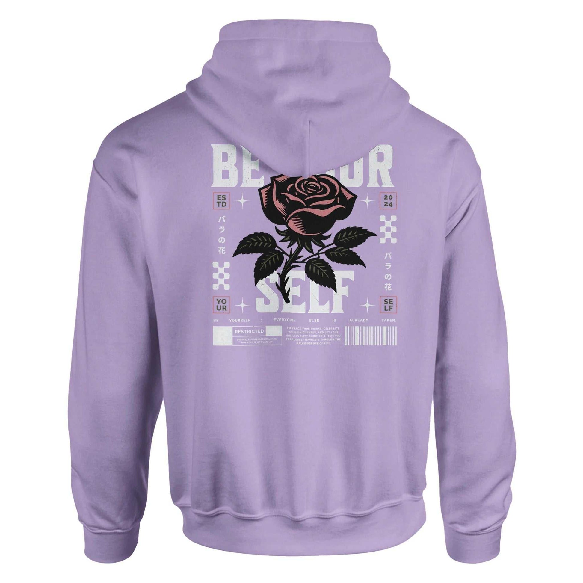 Lavender unisex hoodie with "Be Yourself" graphic and rose design on back, made from soft cotton-polyester blend.