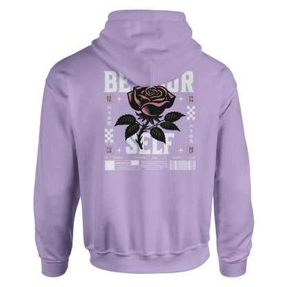 Lavender unisex hoodie with "Be Yourself" graphic design and rose print on the back
