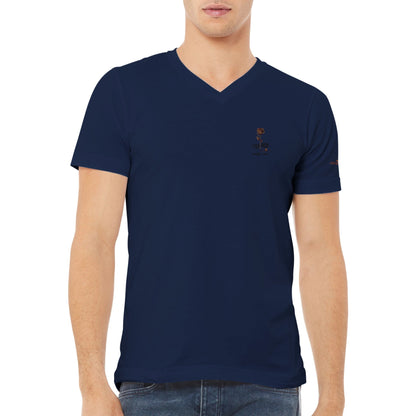 Premium Stickerei T-Shirt mit klassischem V-Ausschnitt aus weicher Baumwolle, unisex, dunkelblau mit dezentem Lira Design.