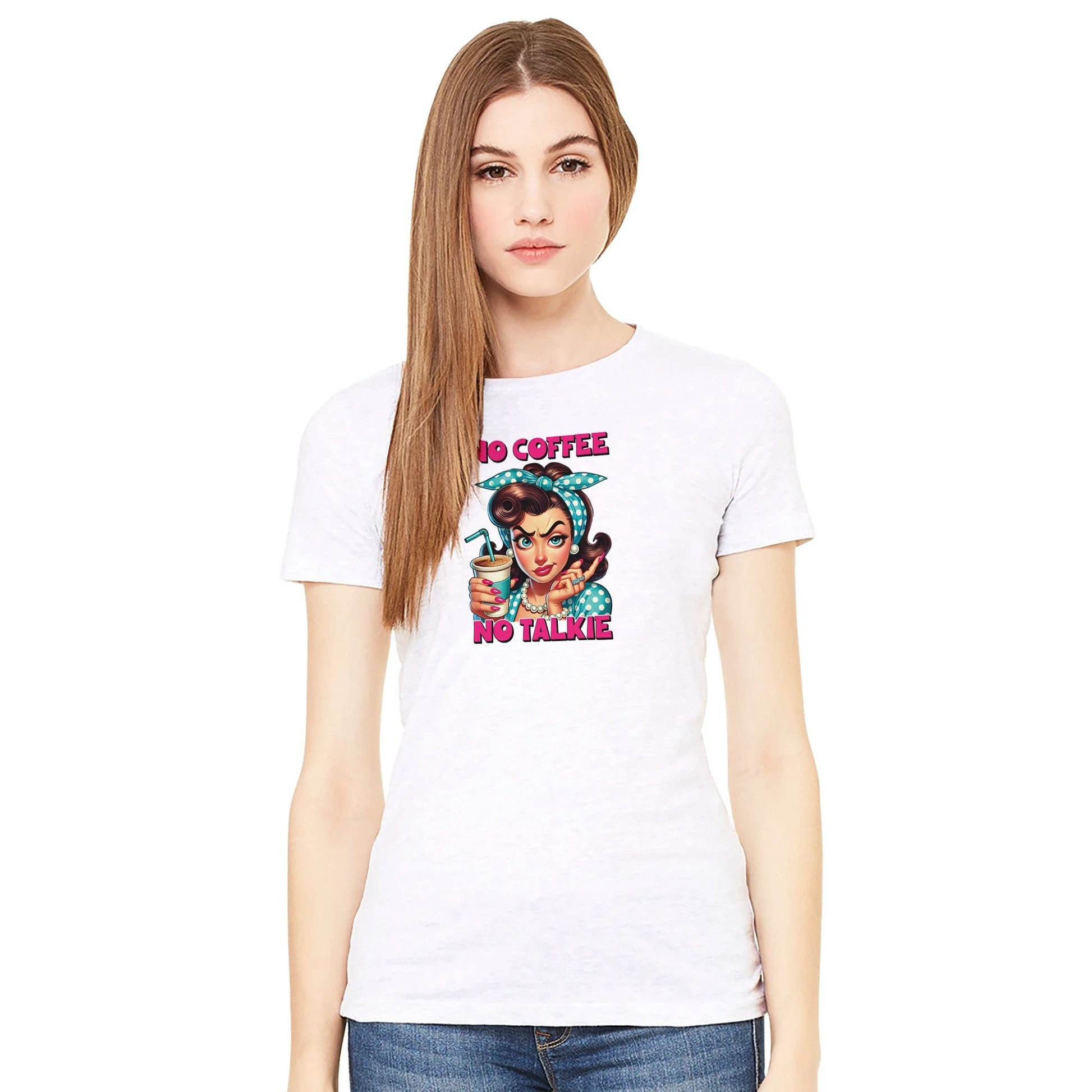 Premium Damen Crewneck T-Shirt mit lustigem "No Coffee No Talkie" Print, slim fit, aus hochwertiger Baumwolle