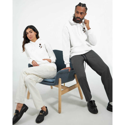 Two models wearing white Lira Streetwear Hoodies with a front pouch pocket and double-lined hood, styled in casual urban fashion.
