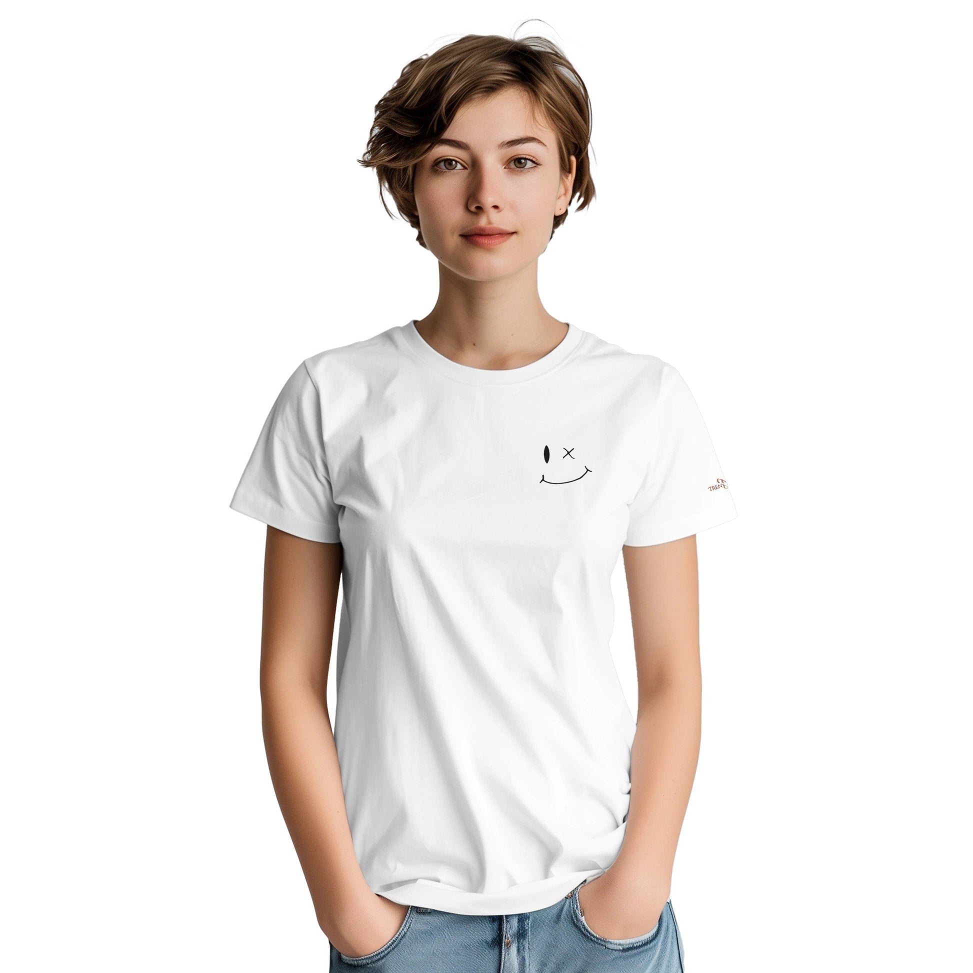 Weißes Stickerei Smile Unisex T-Shirt aus 100% Baumwolle mit klassischer Passform und langlebigem Design
