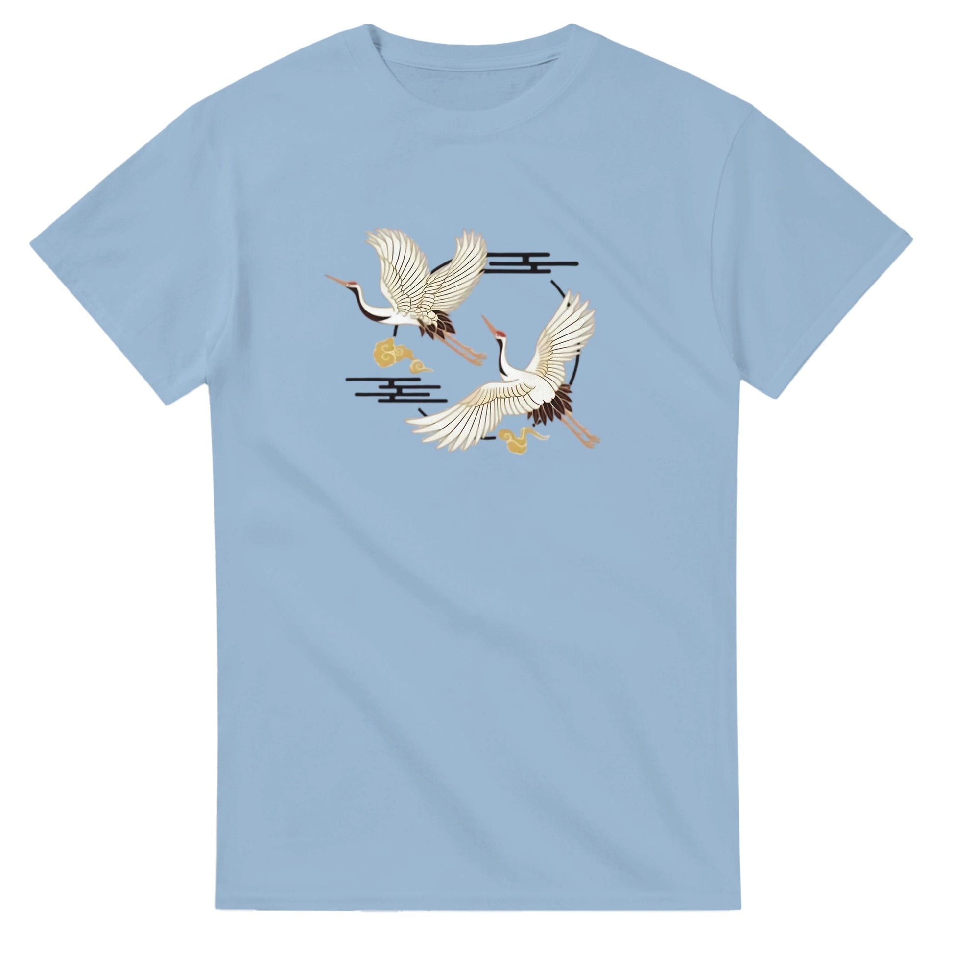 Light blue Kranich Unisex Crewneck T-shirt with crane bird graphic, heavyweight cotton, classic fit, seamless collar, and durable hems.
