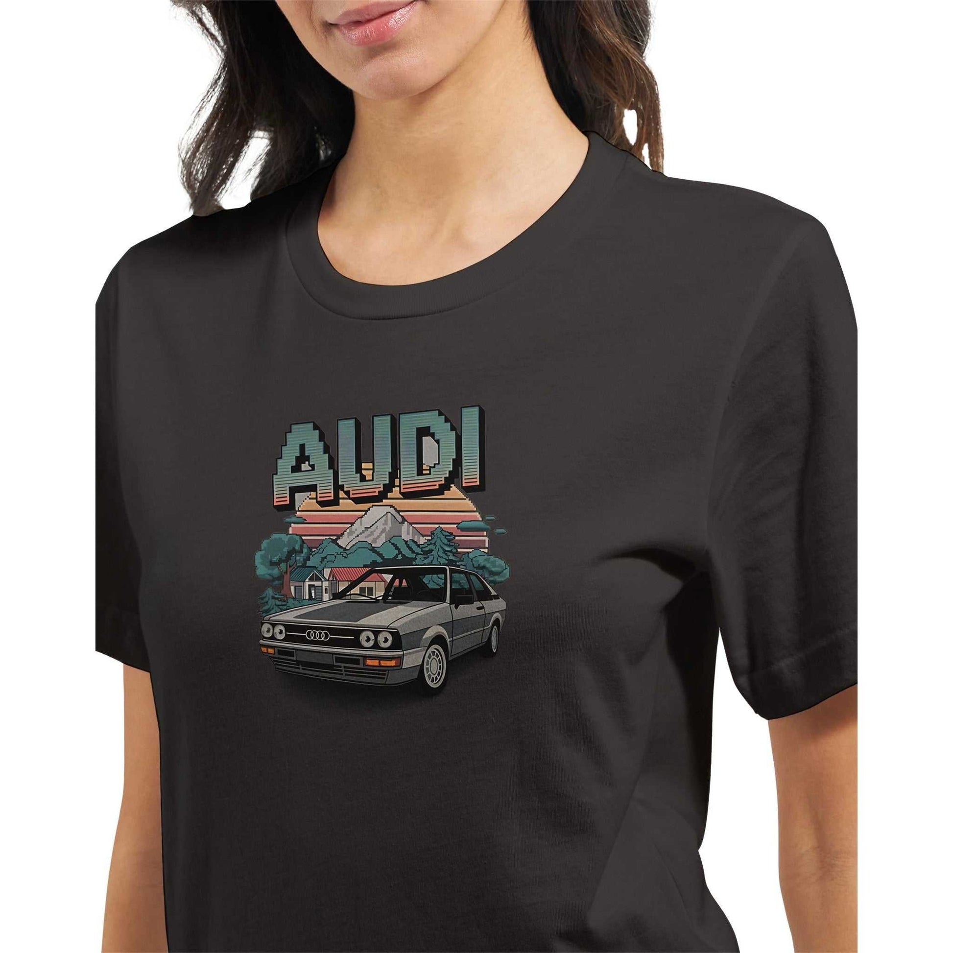 Oldschool T-shirt featuring pixel art Audi car and mountain design on black premium cotton tee